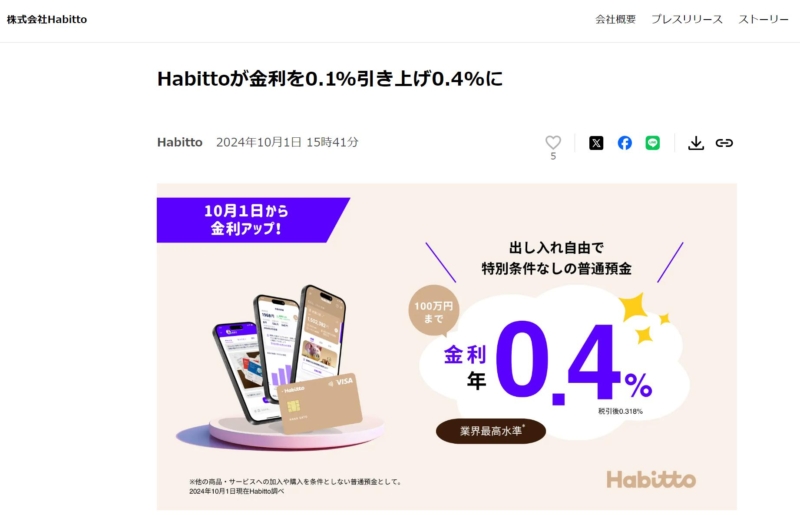 【金利アップデート】Habittoが預金額100万円までを上限に普通預金金利0.4%を提供開始【2024年10月1日～】