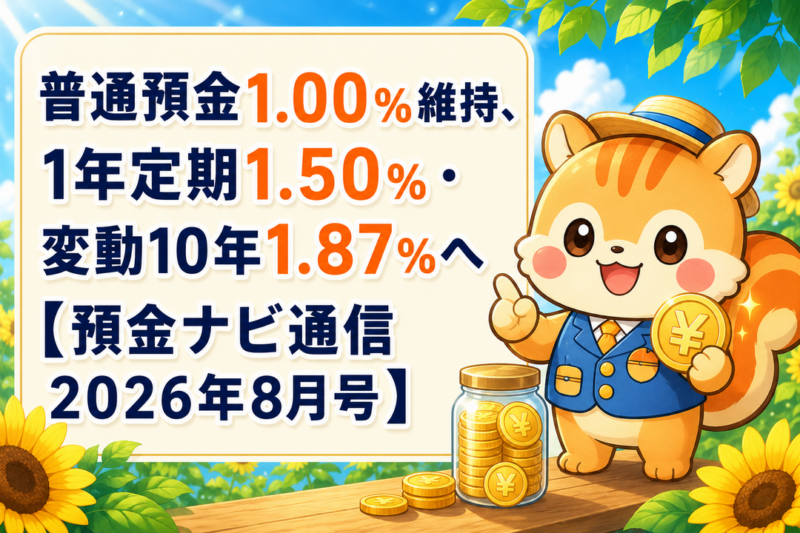 普通預金1.00％維持、1年定期1.50％・変動10年1.87％へ【預金ナビ通信 2026年8月号】